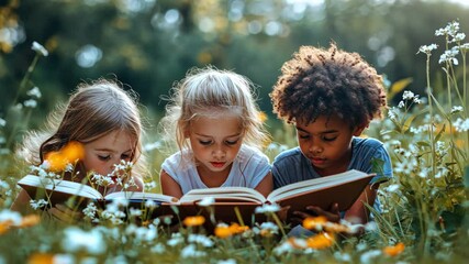 Three diverse children reading books outdoors in flower meadow, enjoying education, learning and lifestyle. Childhood, knowledge and friendship concept. - Powered by Adobe