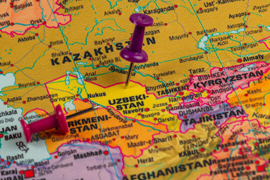 Lviv Ukraine 05.14.25 Map showing Uzbekistan with notable locations indicated