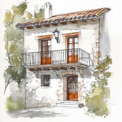 A charming Mediterranean house with orange doors and a balcony.