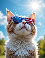 Patriotic Cat in Sunglasses Enjoying Summer Sunshine