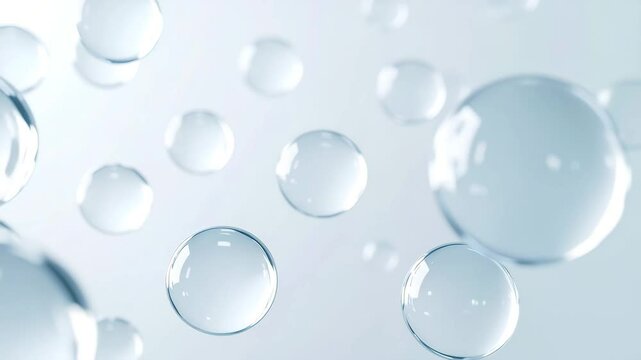 Floating transparent bubbles and water spheres light blue abstract background, creating clean, fresh, airy, and soft atmosphere with purity, modern minimalism, and peaceful light for transparent