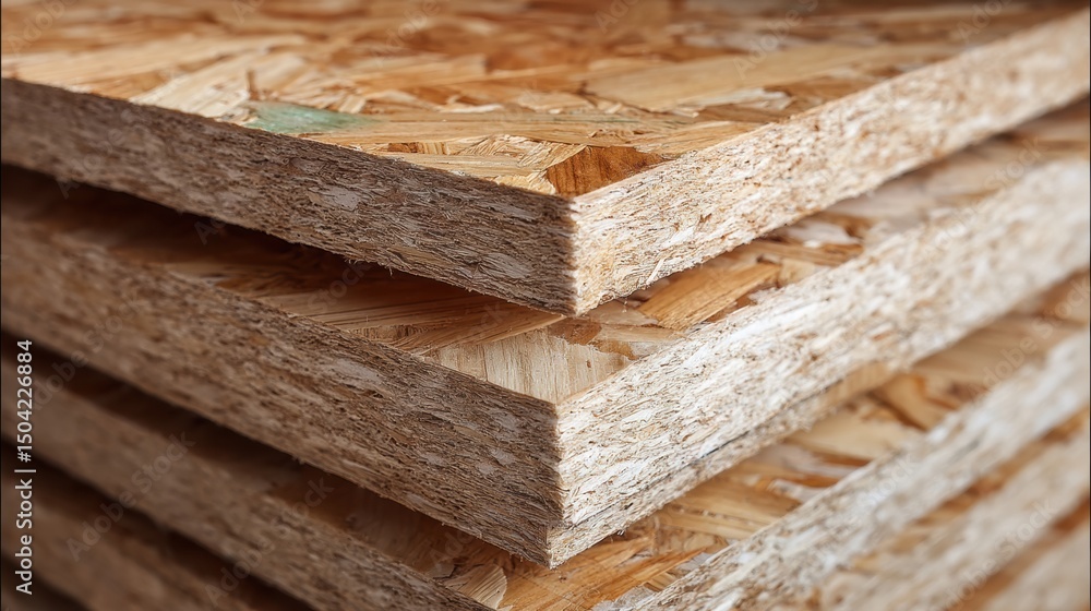 Aufkleber stack of oriented strand board sheets ready for construction in indoor workshop environment