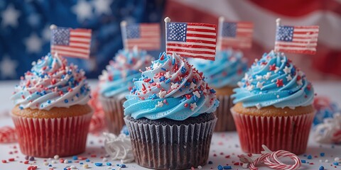 Patriotic Fourth of July Cupcakes with American Flag Toppers Festive Treats for Independence Day Celebration