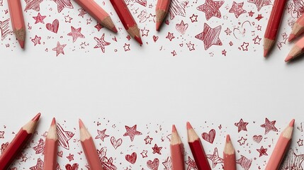 Colorful Pencils Drawing Stars and Hearts on White Background