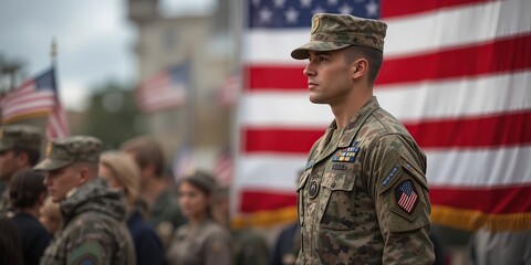 A Young Soldier Stands Proudly in Uniform Before American Flags at a Ceremony