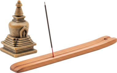 Wooden Incense Burner with Burning Incense Stick and Miniature Stupa