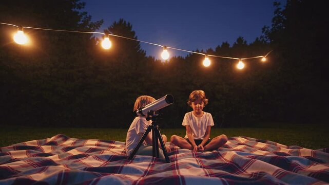 Two children stargazing with a telescope on a plaid blanket under string lights. Low-angle shot captures a serene, dreamy night video scene.