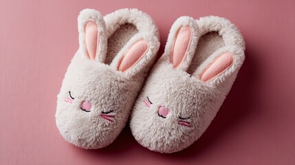 Cute White Bunny Slippers on Pink Background