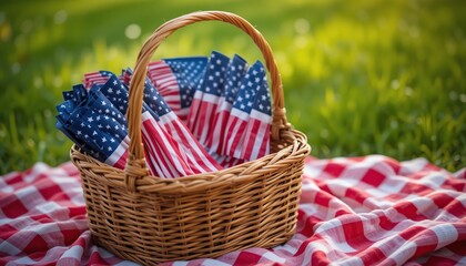 Patriotic Picnic Basket with American Flags on a Red and White Checkered Blanket Outdoors