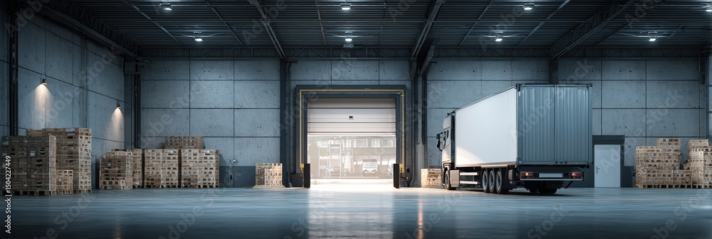 Aufkleber warehouse entrance with truck and pallets illuminated by soft lighting in a spacious layout during l