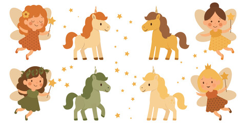 Set of Cute fairies with magic wands. Unicorn and stars on white background.