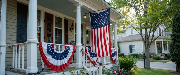 American Flag Decorated Porch of a Suburban House on a Sunny Day