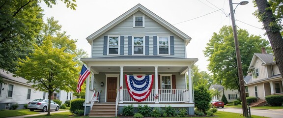American Flag Decorated House on a Sunny Day in a Suburban Neighborhood