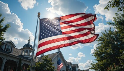 American Flag Waving Proudly Under a Sunny Sky, Residential Neighborhood