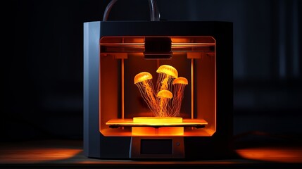 A 3D printer printing dreams in the form of glowing jellyfish