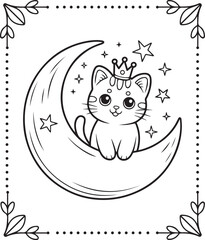 Fototapeta premium Cute cartoon adorable cat on moon coloring pages for kids, vector outline illustration for children book design