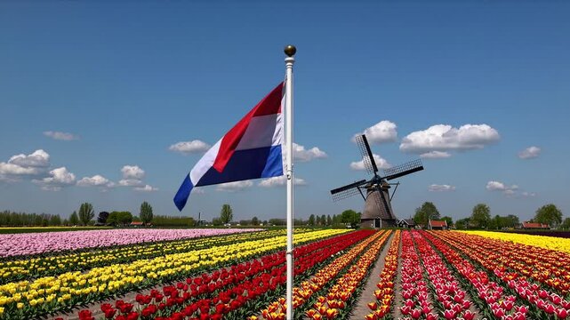 Dutch flag waving in tulip fields with a windmill in the background  