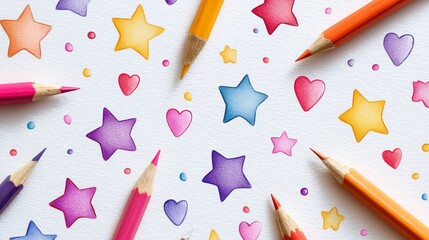Colorful Pencils Drawing Stars and Hearts