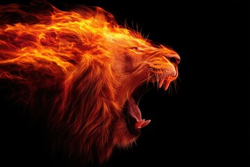 Fiery lion roaring against a black background.