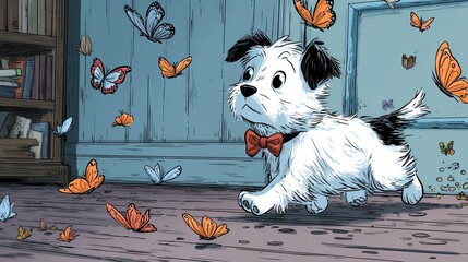 Playful Puppy Chasing Butterflies in Room