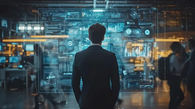 Businessman looks at interactive wall