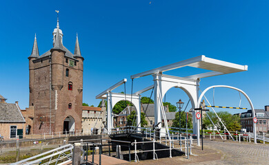 Drawbridge and the city gate at the old harbor in Zieriksee, province of Zeeland, The Netherlands