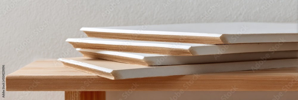 Poster drywall panels leaning against the wall in a construction space with a clean surface and empty top m