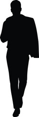 Silhouette illustration of a businessman in a formal suit walking with confidence, representing professionalism and leadership

