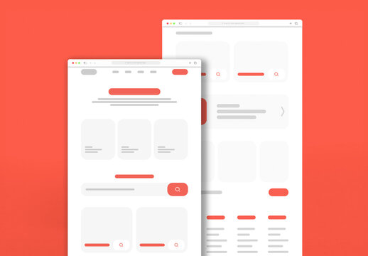 Minimalistic Web Design with Red and White Color Scheme, User Interface and Search Bar Elements