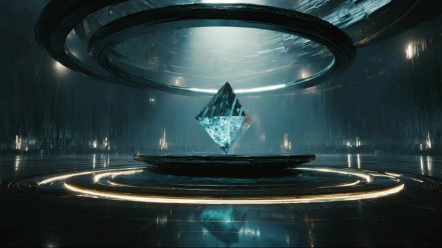 A crystal hovers in a suspended energy field, forming a geometric balance. Lights move in rhythm around its surface. This structure channels digital harmony &mdash; crystal, crystal, crystal.