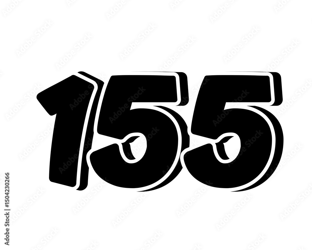 Poster stylized black number 155 on transparent background, with a bold, 3d appearance and shadow effects f