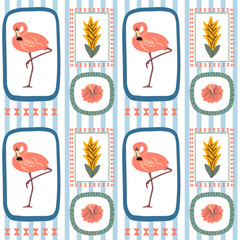Seamless tropical pattern with pink flamingos, exotic flowers, and jungle leaves in folk style frames, perfect for summer textiles.
