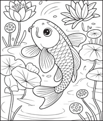 Fototapeta premium Beautiful koi fish with flower on water vector outline illustration for kids coloring book design