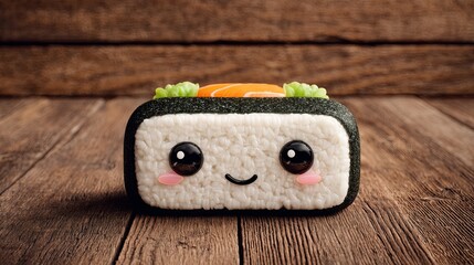Cute Sushi Roll with Eyes on Wooden Surface