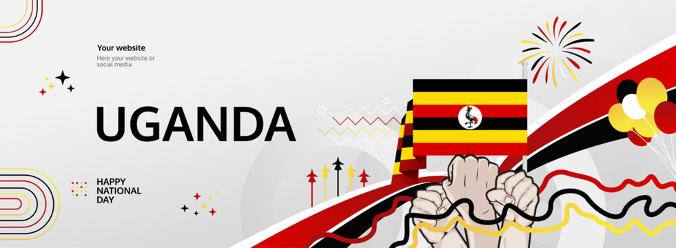 Uganda Independence Day modern greeting banner. 9 October Happy National Day. Festive horizontal background with flag colors, great for carnival poster, tourism campaign, holidays flash sale