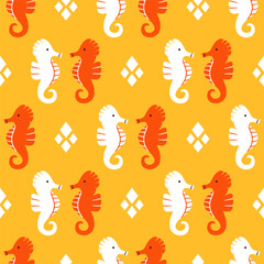 Seamless vector pattern with seahorses. Bright summer geometric print for textile and marine design collection