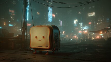 A cute anthropomorphic toast robot stands cheerfully in a moody cyberpunk cityscape glowing with neon lights, blending whimsy with futuristic surrealism.