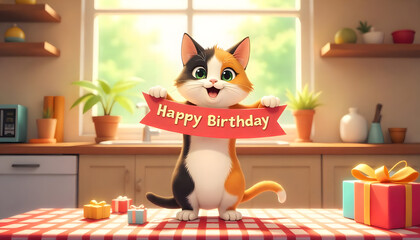 Adorable 3D Calico Cat Holding Happy Birthday Banner in Cozy Kitchen, Cute Animal Character, Birthday Celebration, Festive Greeting Card Design