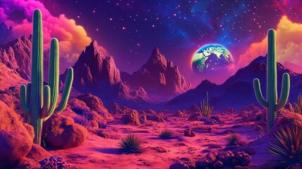 Vibrant desert landscape at night with stylized mountains, cacti, and a glowing earth.  Colorful and fantastical