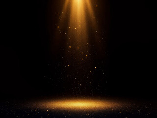 Golden light beams on black background, spotlight design effect.