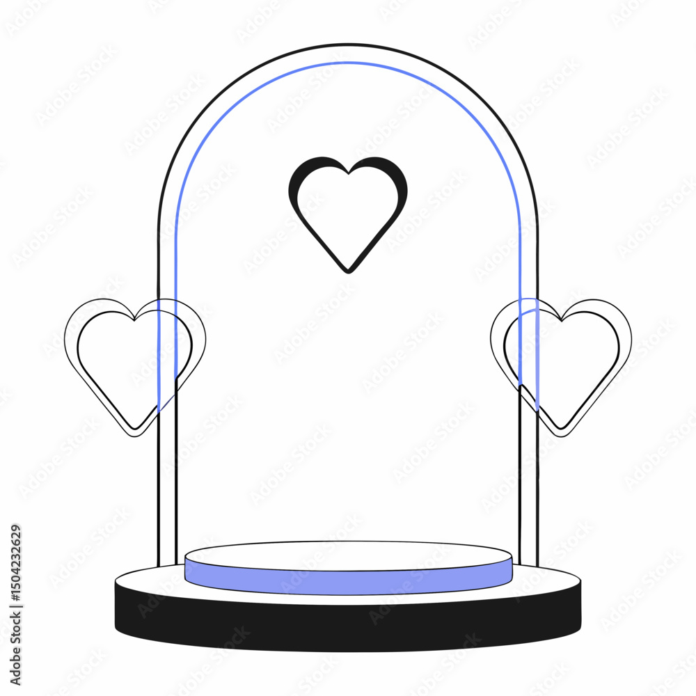 Poster vector minimalist product display podium featuring arched design with heart shapes, perfect for show