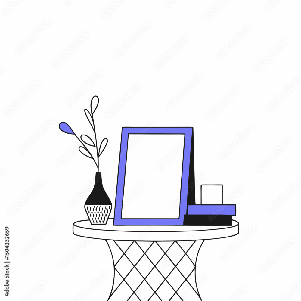 Poster vector mockup on wicker side table with vase and decorative boxes, creating stylish decor arrangemen