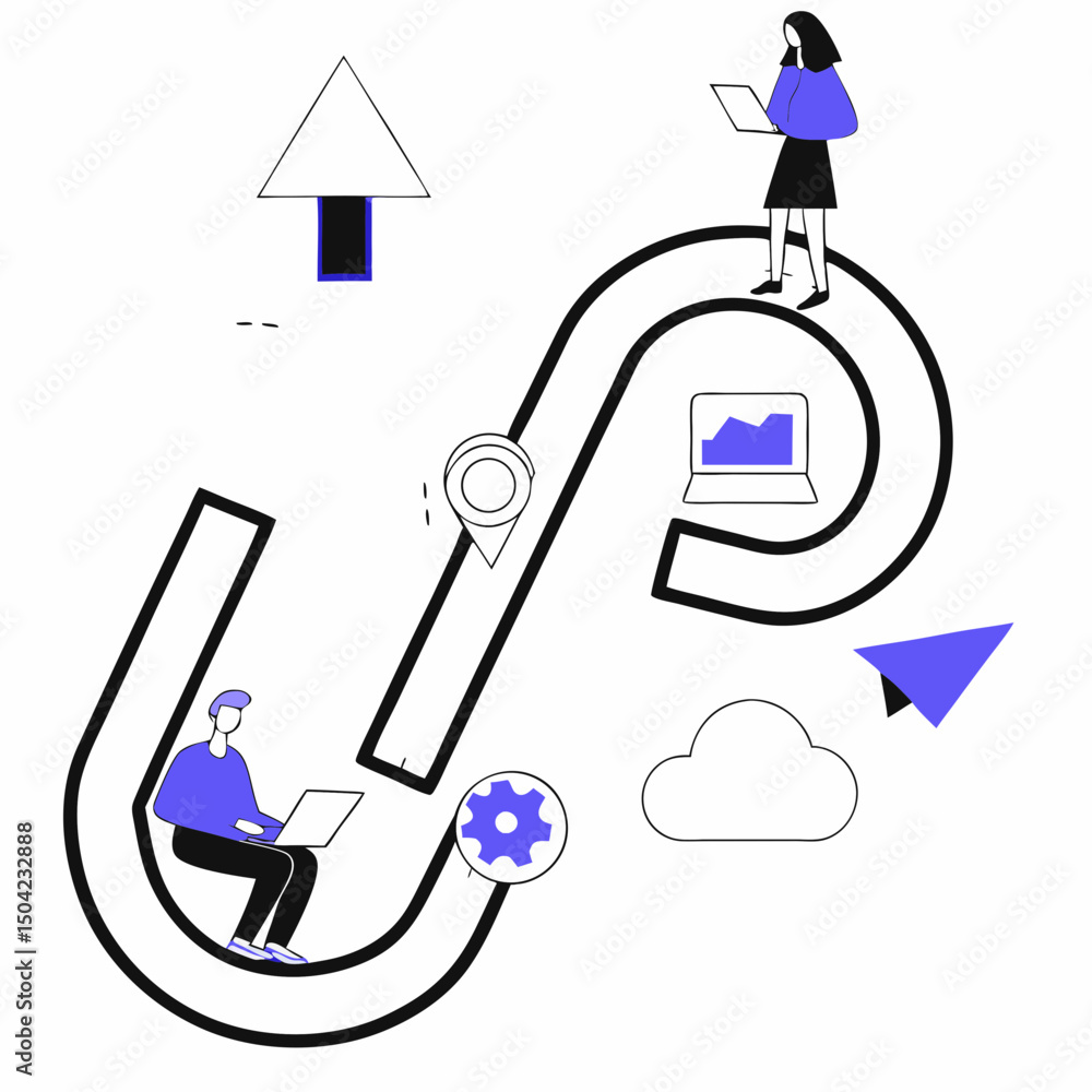 Poster vector abstract stylized path with people using laptops, arrows, and icons representing technology a
