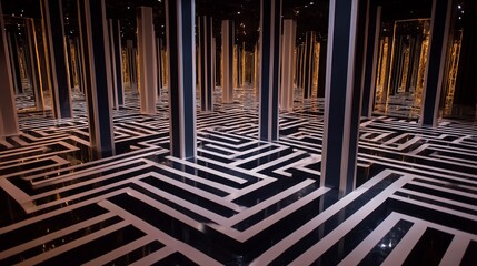 A vibrant, mirror-filled maze installation with glowing hexagonal platforms creates an endless illusion of color, symmetry, and light in a futuristic art exhibit.
