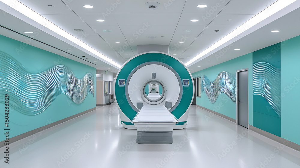 Poster imagingmrict scan suite showcase futuristic mural of flowing wave representing magnetic field energy