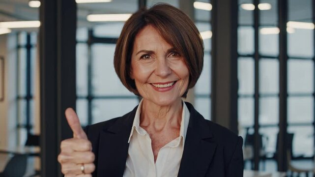 Confident elderly woman giving a thumbs-up in a modern office  