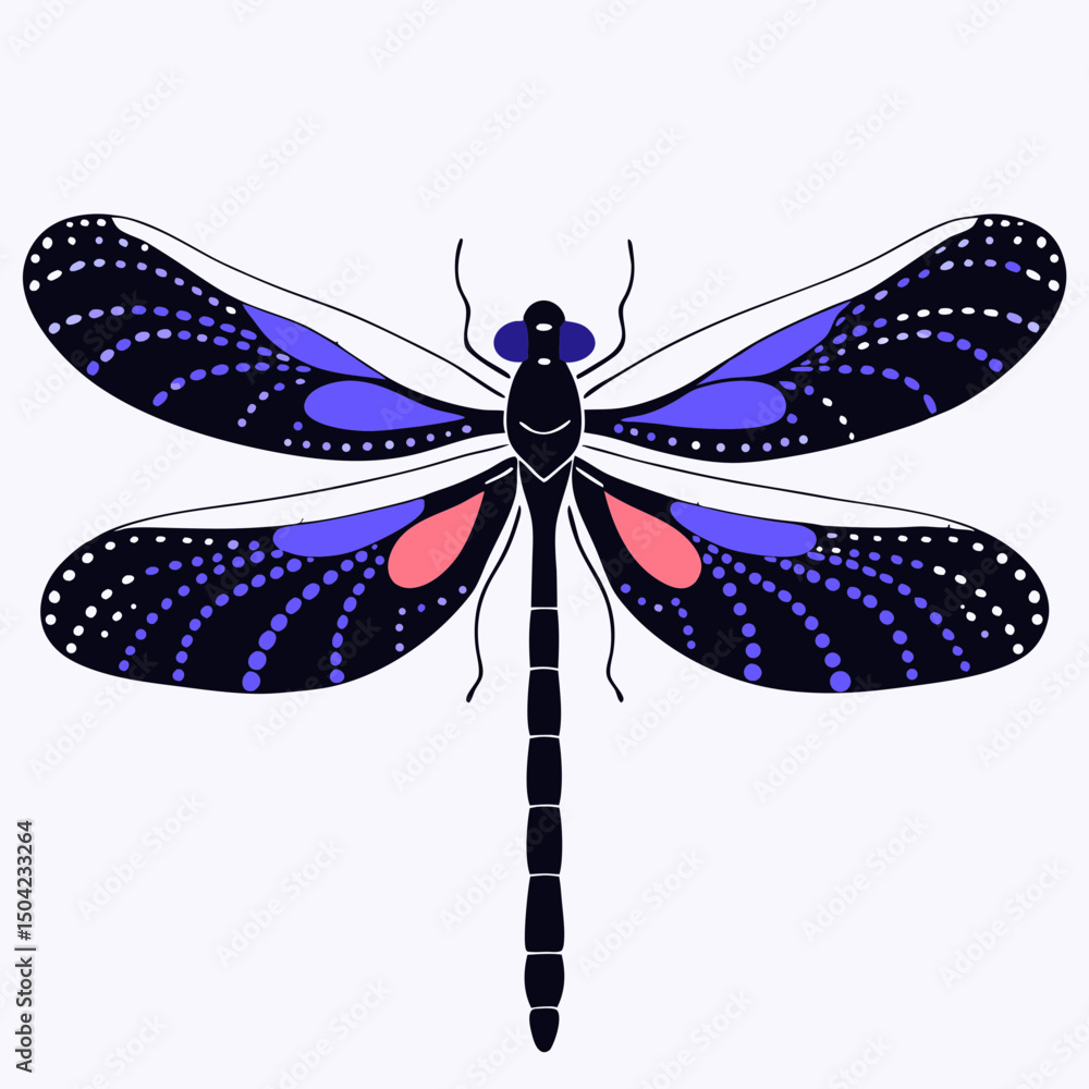 Poster vector colorful dragonfly with intricate patterns and transparent wings, showcasing vibrant hues of 