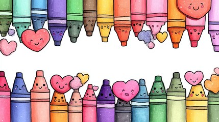 Cute Crayons Drawing Hearts - Adorable Kawaii Artwork
