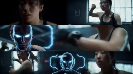 young man and woman exercising in gym with AI trainer. young man exercising with dumbbells - Powered by Adobe