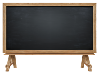 Empty Blackboard: An eye-level shot captures an empty blackboard, mounted on a wooden easel. Ideal for educational or business use.